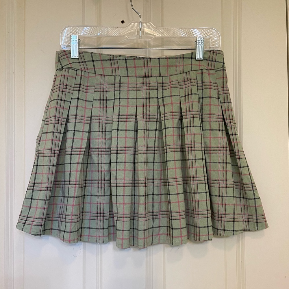 ASOS green & pink pleated plaid skirt